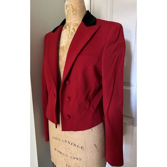 Vintage Ralph Lauren Jacket Riding Red Cropped Wool Blazer Black Velvet Sz 12 - Picture 1 of 16